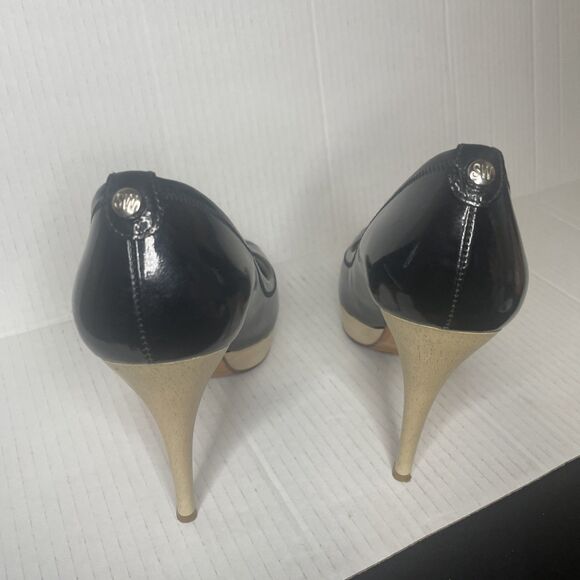 Stuart Weitzman Pump Black 8 Avignon Patent Leather Peep Toe Wood Platform Logo - Picture 9 of 14